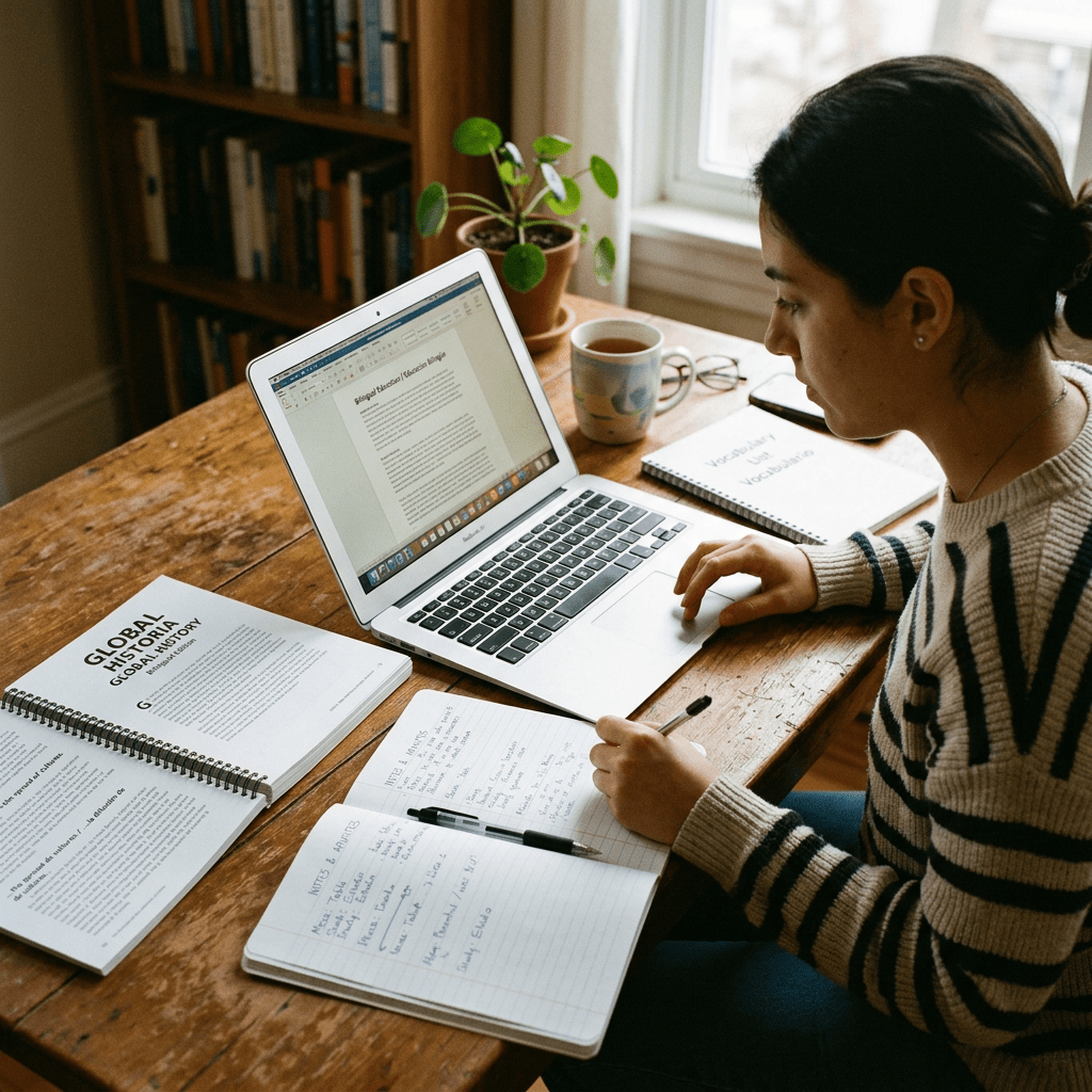 Student writing notes with laptop, books, and coffee on a table
